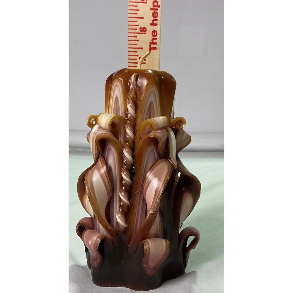 Vintage Hand Carved Layered Pillar Candle Brown Pink Cream Floral Scroll